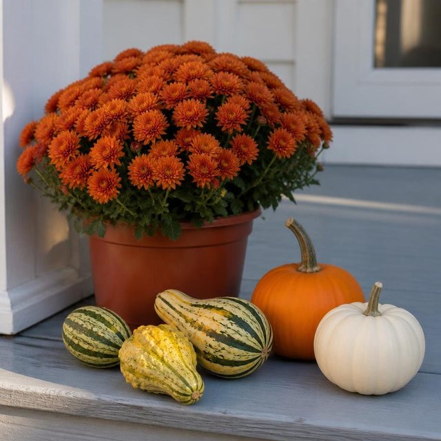A potted orange mum beside three small gourds and two mini pumpkins on a porch step