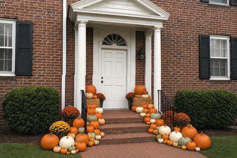 The Estate on a red brick Georgian with a white columned portico, banked down both sides of the brick steps and along the walk on two straw bales, with five mums and white and sage green pumpkins, the top step clear to the door