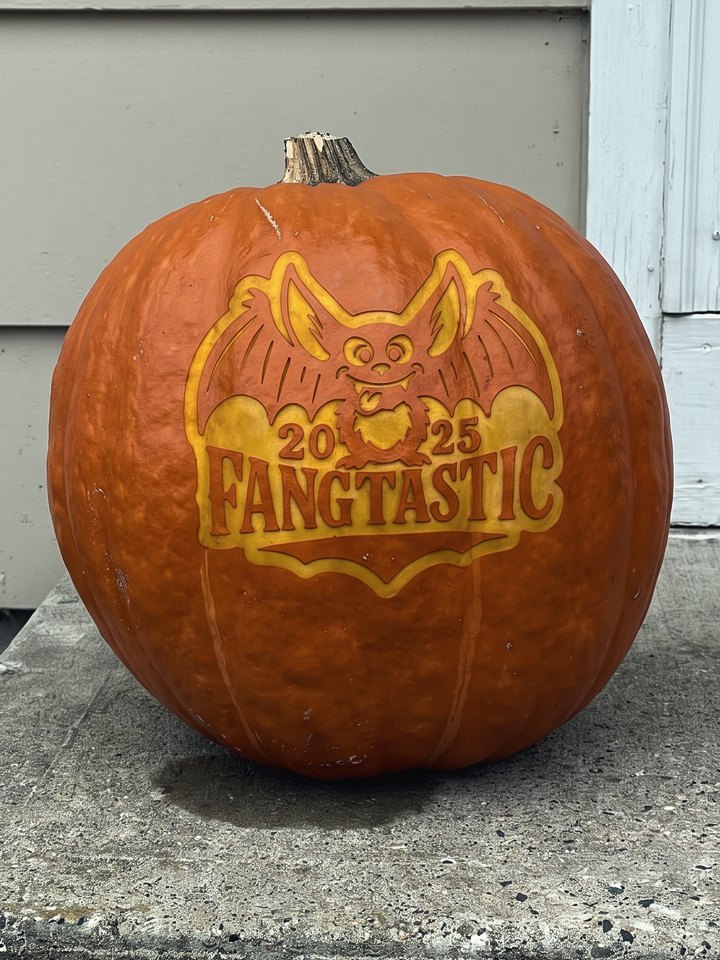A pumpkin laser-engraved with a cartoon bat and the word Fangtastic 2025