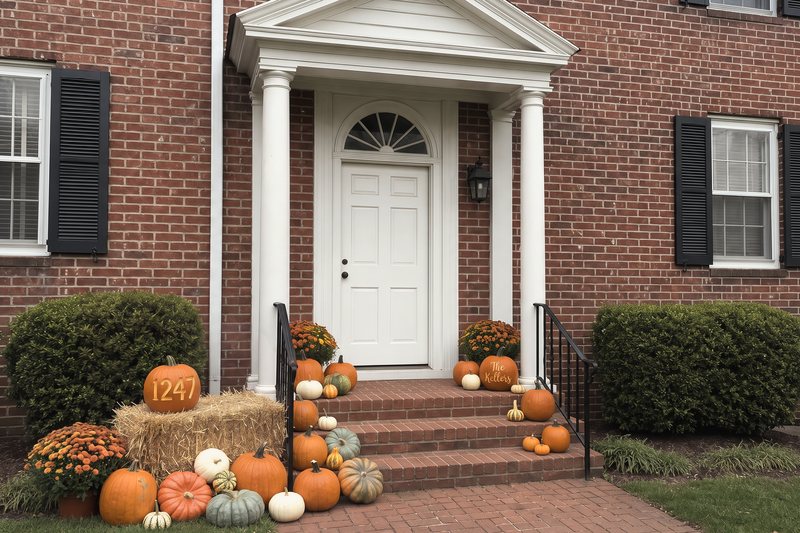 The Harvest on a red brick Georgian with a white columned portico, massed down the left of the brick steps and along the treads with a straw bale carrying a house-number pumpkin, three mums, white and green pumpkins and a family-name pumpkin by the door